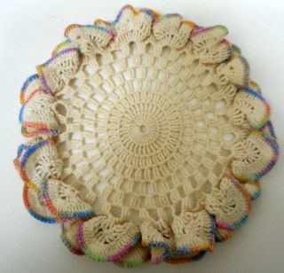 Vtg Table Top Handmade Round Crochet Pastels Cream Lace Doily 11 "