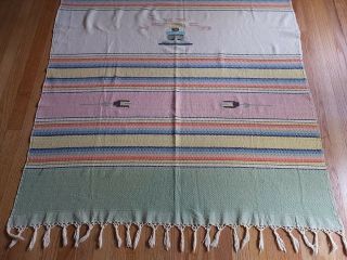 Vintage Souvenir Mexican Woven Cotton Stripe Fringed Blanket Mexico 46 " X 70 "