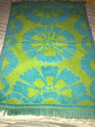 Vintage Tastemaker Cotton Bright Mod Floral Hand Towel Blue Green Fringed