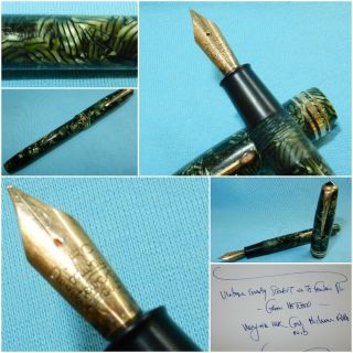 Vintage Conway Stewart 58 Fountain Pen Green Hatched 14k Gold Medium Duro Nib