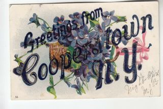 Glitter On Large Blue Letter Greetings From Cooperstown Ny