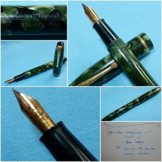 Vintage Conway Stewart 15 Fountain Pen Green Marble 14k Gold Fine Flex Restored