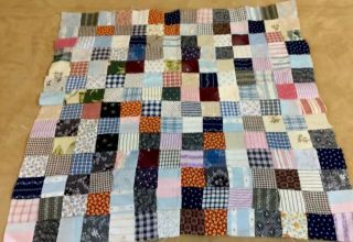 Vintage Patchwork Quilt Top,  Small,  Four Patch,  Calico Prints,  Multi Color
