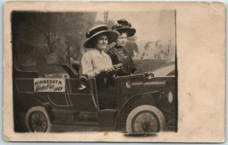 1909 Minnesota State Fair Real Photo Rppc Postcard - 2 Ladies In Studio Car