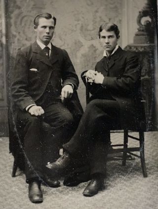 Antique American Two Elegant Young Man Seated Chair Tintype Photo