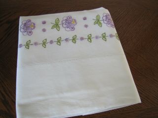 Vintage Single Pillowcase Embroidered Rows Of Lavender Primroses & Asters Wow