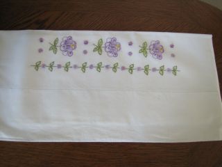 Vintage Single Pillowcase Embroidered Rows Of Lavender Primroses & Asters Wow 2