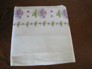 Vintage Single Pillowcase Embroidered Rows Of Lavender Primroses & Asters Wow 3