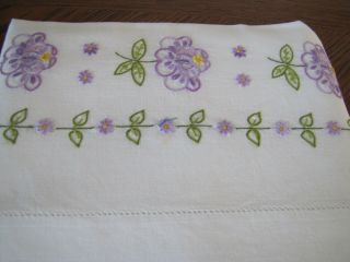 Vintage Single Pillowcase Embroidered Rows Of Lavender Primroses & Asters Wow 4