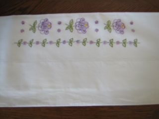 Vintage Single Pillowcase Embroidered Rows Of Lavender Primroses & Asters Wow 5