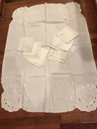 Antique Vintage Linen 31 " X 45 " Ivory Tablecloth With 17 Linen Napkins