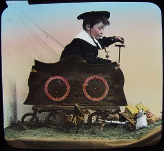 Glass Magic Lantern Slide Boy In Toy Car C1900 Victorian Photo