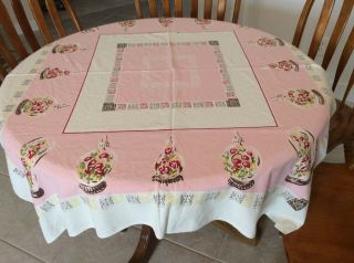 Vintage 1950/60s Tablecloth,  Pink & White,  Flowers In Glass Domes