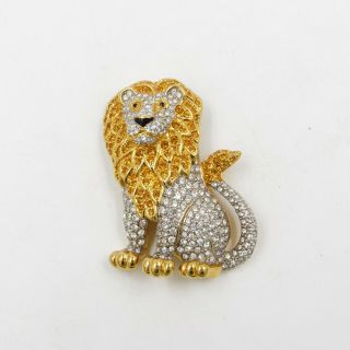 Swarovski Crystal Lion Pin Brooch Signed With Yellow & Clear Crystals 2 " X 1.  5 "