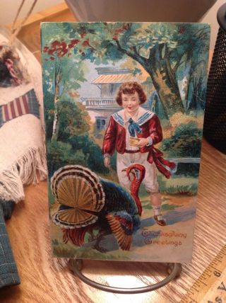 Vintage Thanksgiving Postcard Boy In Red Jacket Feeding Turkey