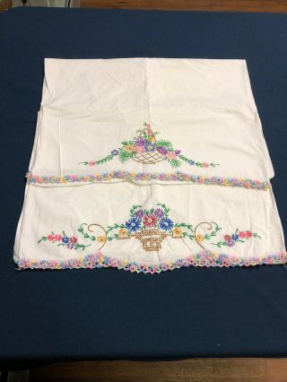 Vintage Hand Embroidered Pillow Cases,  Flower Baskets Detail Trim 2pc Standard