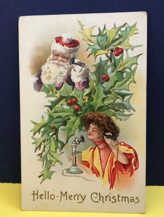 Antique Santa Christmas Postcard W/ Telephone & " Gibson Girl " Mom Embossed 1910