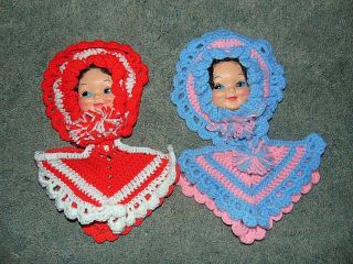 Doll Face Wall Hanger With Potholders Handmade Vintage