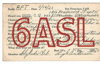 Qsl 1923 San Francisco Ca Radio Card