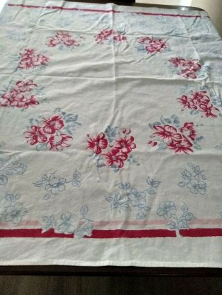 Vintage Kitchen Tablecloth Red Pink Blue Flowers Cutter? 47 X 51 "