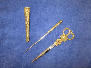 Antique German August Knecht Gilt Bronze Scissors,  Letter Opener 19th Century