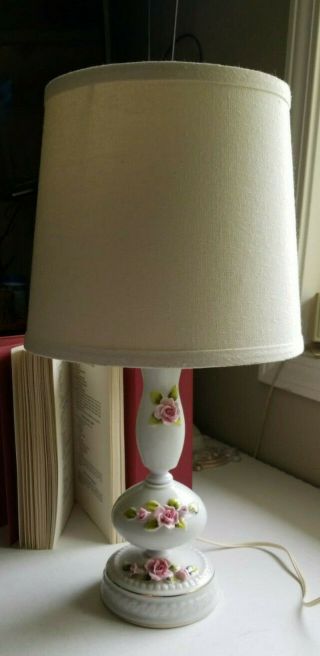 Vintage Porcelain Table Lamp W/shade Hand - Painted Capodimonte Rose Floral Shabby