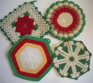 4 Greens Rose Crocheted Potholders Hot Pads Pot Holders Handmade C