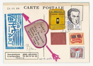 Rare Mail Art Folding Mixed Media Postcard - Pierre Marquer To Harry Fox 1986
