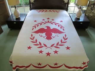 Red & White Printed Vintage Cotton Quilt W/ American Eagle Laurel Branches Stars