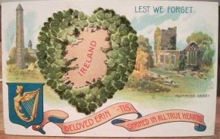 Irish Postcard Lest We Forget Beloved Erin Ireland Round Tower Muckross Velvet