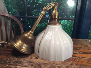 Antique Vintage Hanging Pendant Light Lamp Fixture With Ribbed Milk Glass Shade