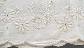 Vtg Cream White Linen Pillow Case Hand Embroidered Flowers Monogram J Or G