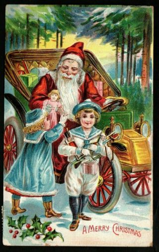 Santa Claus In Old Car Gives Toys To Children Antique Christmas Postcard - K290