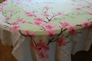 Vintage Tablecloth Cherry Blossom Motif Early 3
