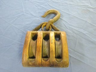 Antique Block & Tackle Wood 3 Pulley Farm Tool