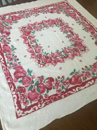 Vintage Red Cherry & Pear Printed 1960 - 70’s Card Table Tablecloth 37 " X33 "