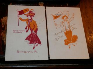 Selinsgrove Pa - 2 Old Postcards - College Pennant Girl - Town Pennant Girl