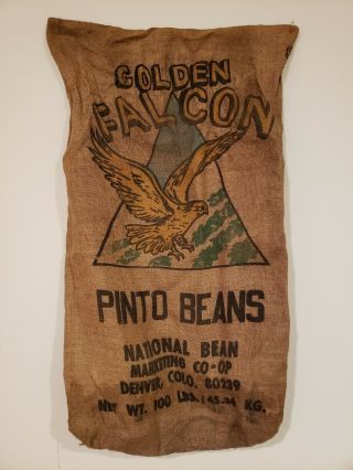 Vtg Burlap Sack Bag 100 Lb Golden Falcon Pinto Beans National Bean Denver Colo