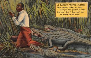 C90/ Black Americana Postcard C1950s Linen Alligator Bite His Last Prayer 19