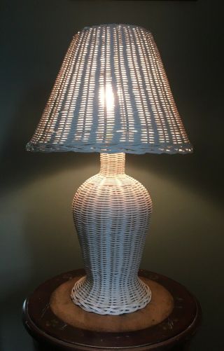 Vintage White Wicker Table Lamp 24” Tall W/ Shade - Cottage White Wicker Lamp