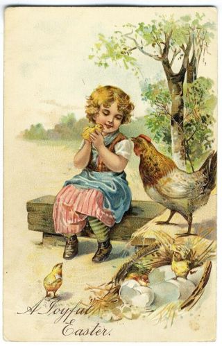 Cute Country Easter Girl With Chicken & Baby Chicks Pfb Postcard C 1910