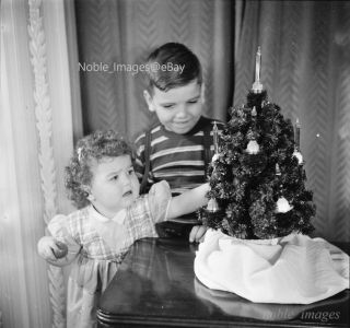 1950 Unhappy Toddler Sister Smiling Brother Christmas Picture Photo B&w Negative