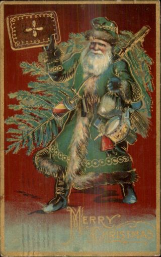 Christmas - Santa Claus Long Green Coat Carrying Tree Embossed C1910 Postcard