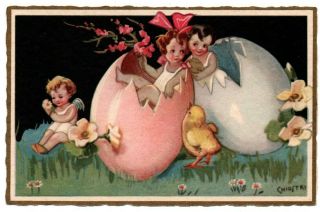 Happy Easter Greetings Children Eggs Chicks Wing Chiostri Artist Signed Postcard