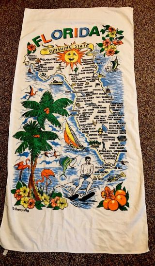 Vintage Florida State Map Souvenir Beach Towel Flamingo Waterski Sailfish Palms