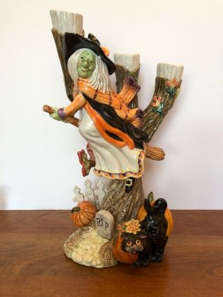 Fitz And Floyd Halloween Harvest Witch And Black Cat Three Armed Candleholder
