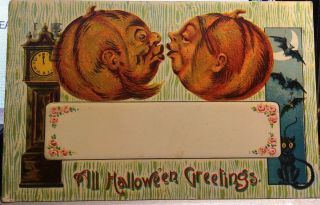 Pumpkins Kiss Halloween Post Card 1911 Grandfather Clock,  Cats & Bats