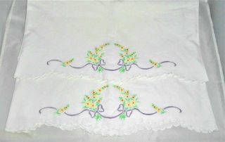 Pair 2 Vtg White Delicate Hand Embroidered Pillow Cases - Scalloped Edge - 28 " X40 "