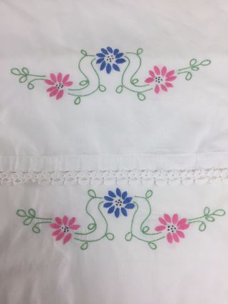 Vintage White Embroidered Pillowcases Pillowcase Lace Edge Pink Blue Green