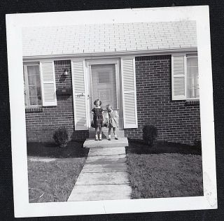 Antique Vintage Photograph Two Cute Little Girls Standing On Front Porch